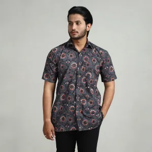 Dark Grey - Bagru Block Printed Cotton Men Half Sleeve Shirt